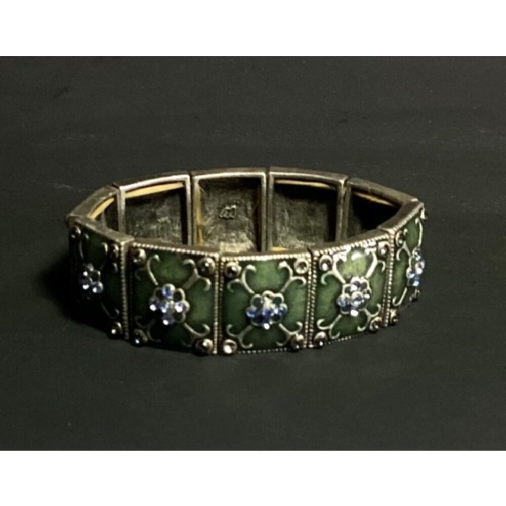 Silver Tone Metal and Olive Green Enamel Panel Stretch Bracelet Blue Rhinestones - Picture 3 of 6